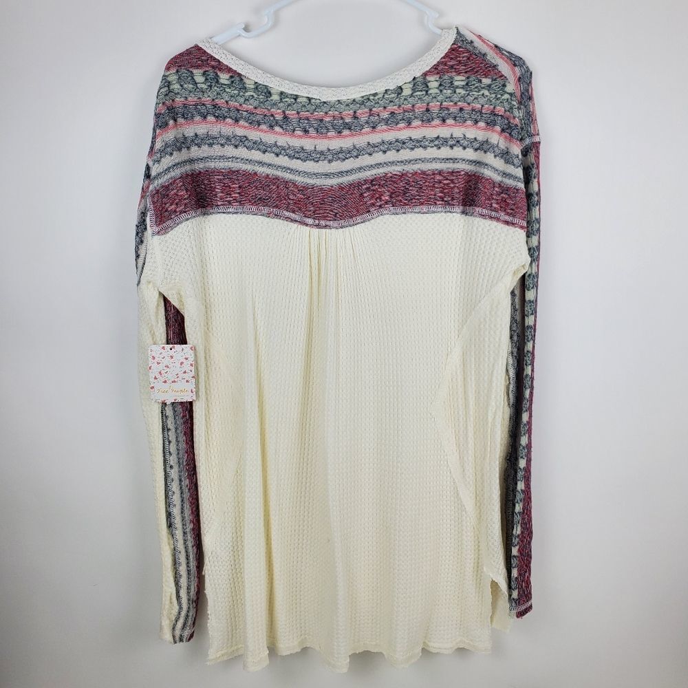 FREE PEOPLE Raw Edge Striped Thermal Long Sleeve Hi Low Tunic Top Shirt Sweater - Picture 8 of 9